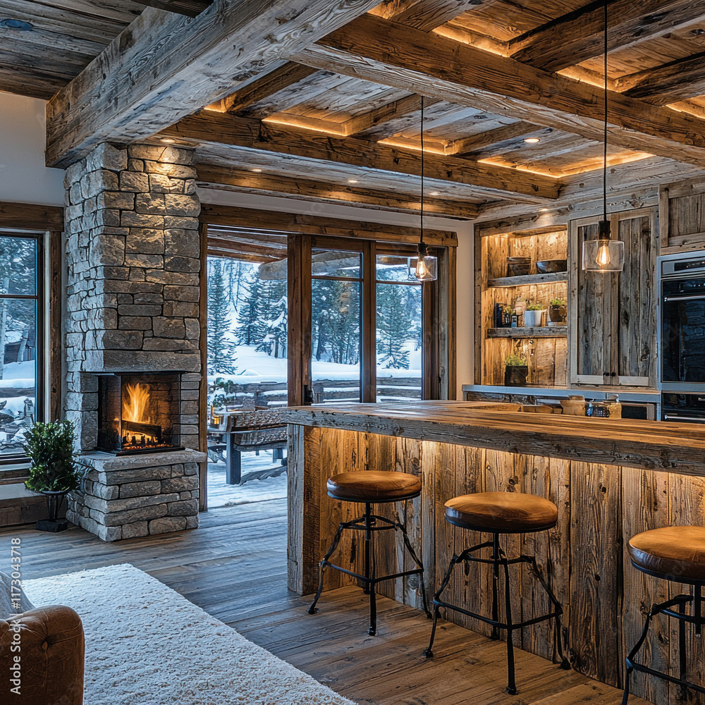Naklejka premium Rustic kitchen with fireplace, snowy outdoor view, cozy winter chalet ambiance