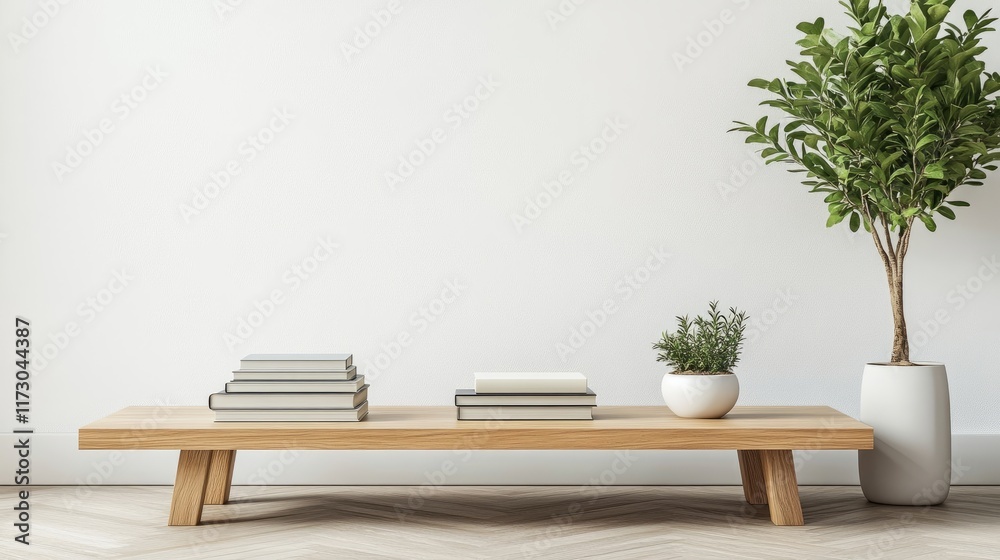 Bright and modern living room with a minimalist wooden coffee table, arranged with books and greenery, leaving space for product displays. Bright and modern living room with a minimalist wooden coffee table, arranged with books and greenery, leaving space for product displays.