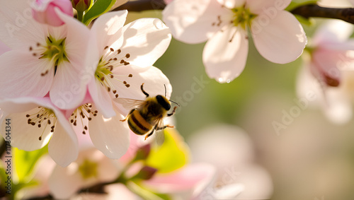 Bee and bumblebee in the soft morning light, their tiny forms flitting between the apple blossoms, with dew still clinging to the petals photo