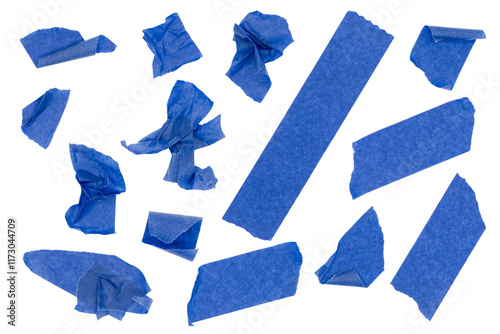 Several pieces of blue painter’s tape in PNG format with a transparent background. Ideal for use in graphic design projects, or as elements in creative compositions.