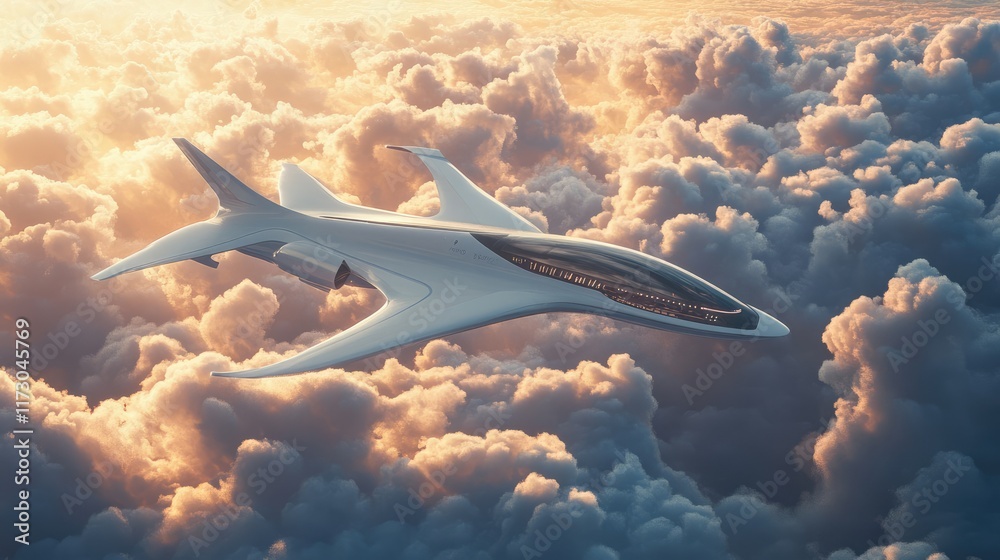 Fototapeta premium Illustration of an innovative hybrid electric passenger aircraft in flight surrounded by clouds showcasing the future of sustainable air travel