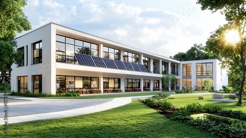 Wallpaper Mural climate solutions reduction net-zero. A modern building with large windows, solar panels, and surrounding greenery, showcasing eco-friendly design in a serene landscape. Torontodigital.ca