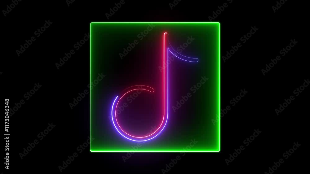 A glowing neon music icon animation with pulsating beats Vibrant colorful waves ripple through a glowing speaker or note symbol, syncing rhythmically to create a dynamic, electrifying music experience