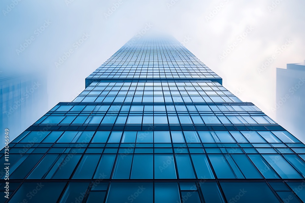 Modern Glass Skyscraper Reaching Into Foggy Sky Modern Glass Skyscraper Reaching Into Foggy Sky