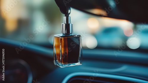 Close-up of elegant car air freshener hanging from rearview mirror. photo