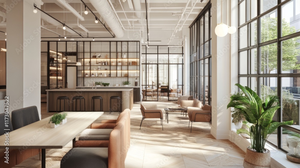 Fototapeta premium Clean and modern living room and kitchen with an open-concept design, featuring glass doors and a warm, sunlit atmosphere