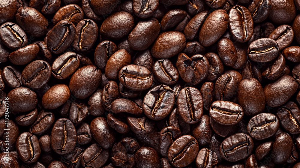 Fototapeta premium Rich dark coffee beans scattered on smooth backdrop, perfect for coffee lovers