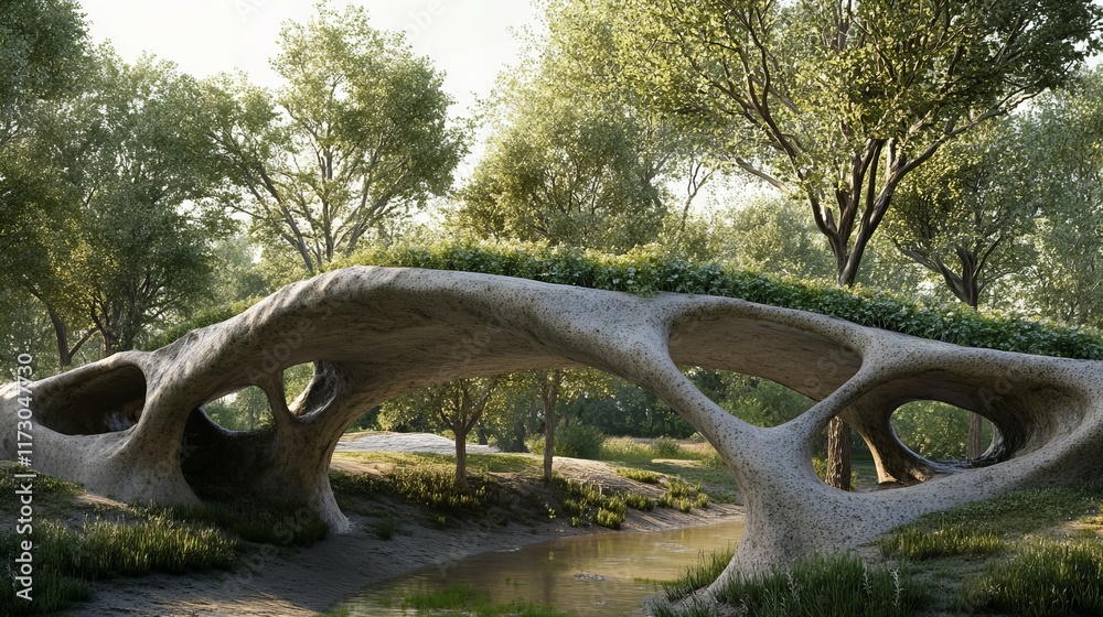 Fototapeta premium A bridge mimicking tree roots, seamlessly blending into the landscape, made of bio-concrete, and supporting plant growth along its structure. 