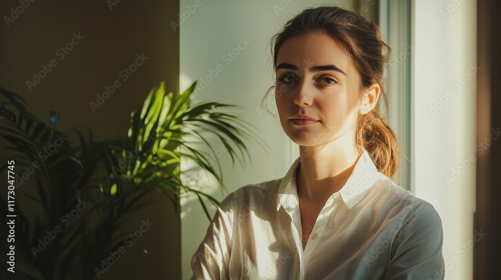 A professional woman with a focused look, standing near a window with soft natural lighting streaming in, reflecting determination A professional woman with a focused look, standing near a window with soft natural lighting streaming in, reflecting determination