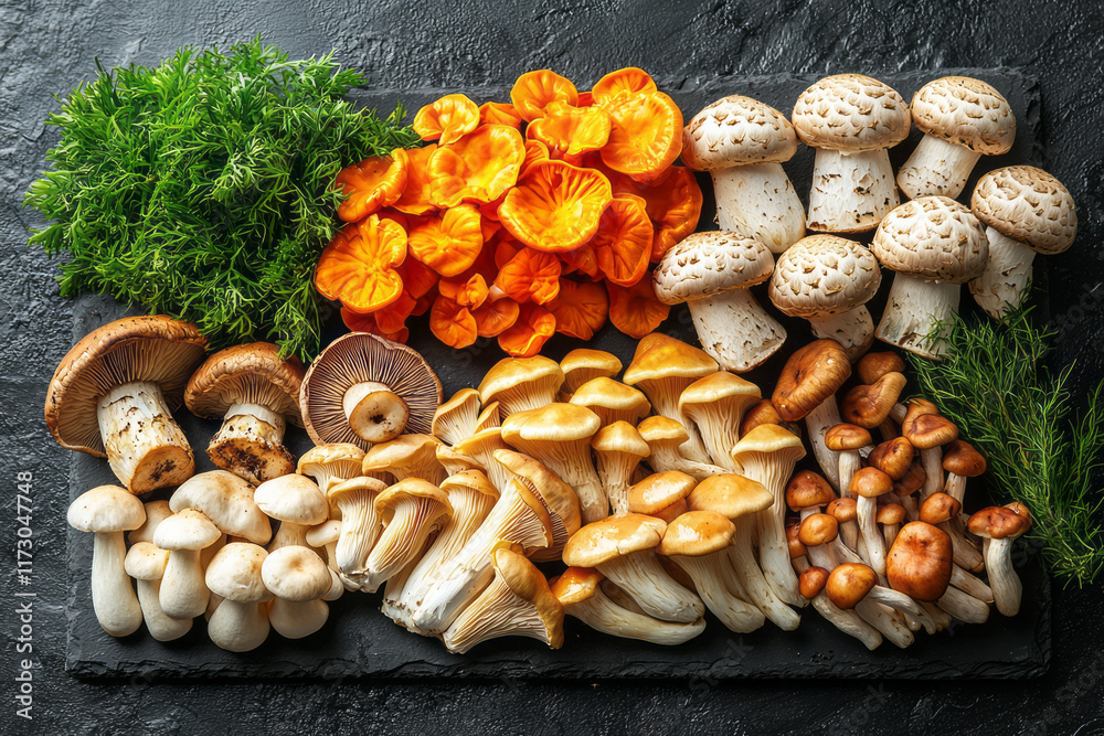 Sophisticated flat-lay of assorted mushrooms--portobello, shiitake, oyster--on a dark slate backdrop, Sophisticated flat-lay of assorted mushrooms--portobello, shiitake, oyster--on a dark slate backdrop,