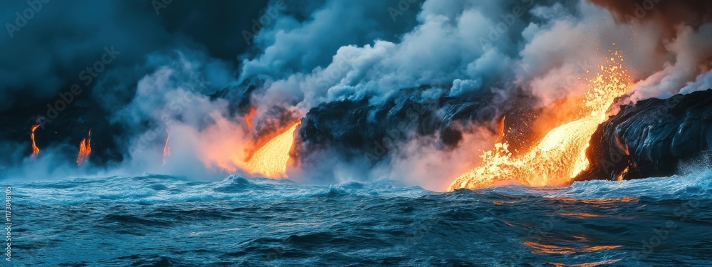 An extraordinary view of the lava flows cascading into the ocean at the Kilauea Volcano, creating steam plumes at sunset, Lava ocean entry scene An extraordinary view of the lava flows cascading into the ocean at the Kilauea Volcano, creating steam plumes at sunset, Lava ocean entry scene
