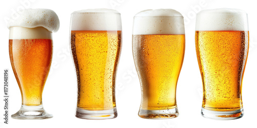 Glass beer mugs with foam isolated on transparent background