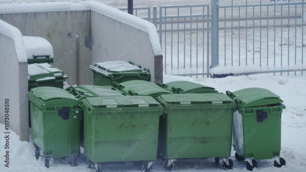 Green garbage bins in snow in winter. Row of large movable rigid plastic green trash bins used to contain unsorted municipal solid waste. Green garbage bins in snow in winter. Row of large movable rigid plastic green trash bins used to contain unsorted municipal solid waste.