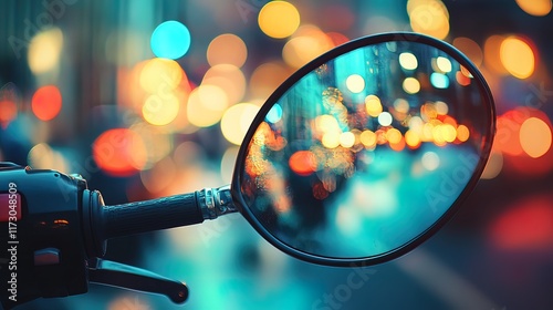 Close-up of motorcycle rearview mirror reflecting blurred city lights at night. photo