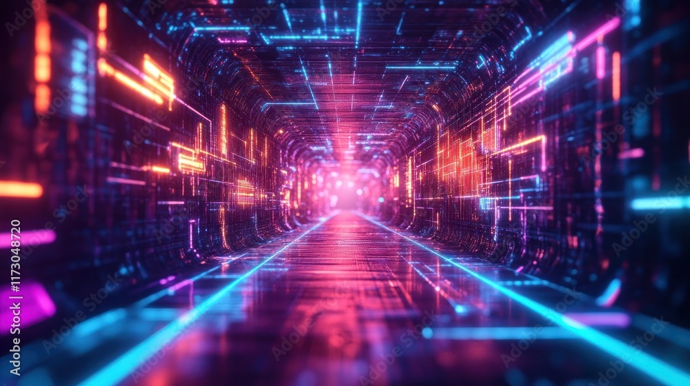Fototapeta premium Futuristic neon lit tunnel with glowing geometric patterns and abstract sci fi digital backdrop Surreal luminous corridor with a maze like structure creating an immersive virtual reality experience
