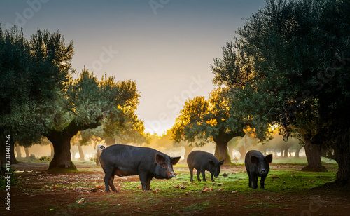 herd of black Ibérico pigs eating acorns in woodland photo