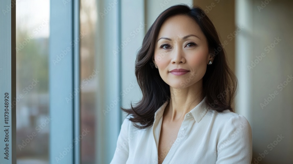 A professional woman with a focused look, standing near a window with soft natural lighting streaming in, reflecting determination A professional woman with a focused look, standing near a window with soft natural lighting streaming in, reflecting determination