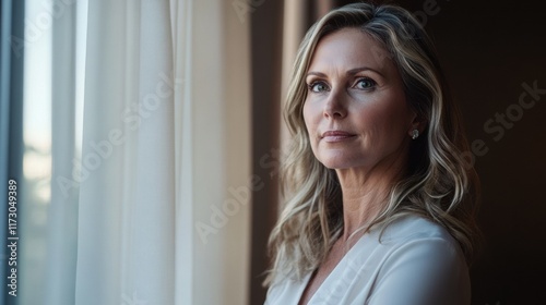 Free Download A professional woman with a focused look, standing near a window with soft natural lighting streaming in, reflecting determination - GFXLoad