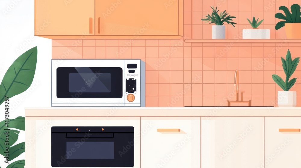 Fototapeta premium A modern kitchen scene featuring a microwave, oven, and various indoor plants.