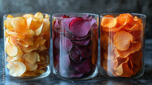 Modern concept of dehydrated vegetable chips--carrot, beet, zucchini--displayed in a clear glass,