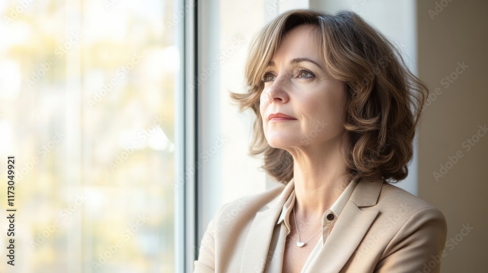 A professional woman with a focused look, standing near a window with soft natural lighting streaming in, reflecting determination A professional woman with a focused look, standing near a window with soft natural lighting streaming in, reflecting determination