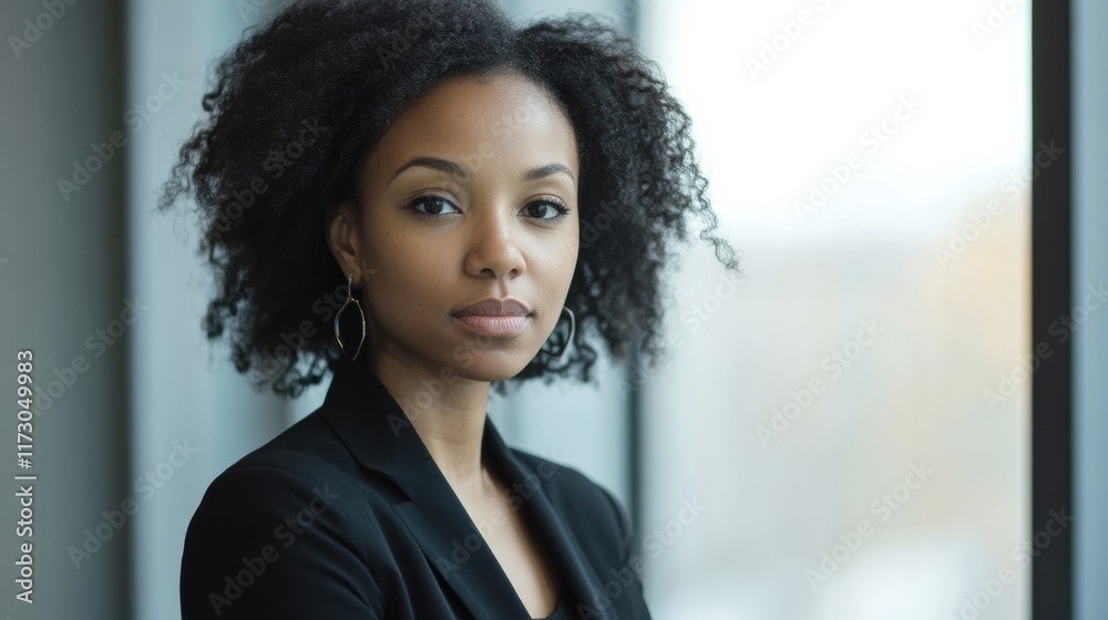 A professional woman with a focused look, standing near a window with soft natural lighting streaming in, reflecting determination A professional woman with a focused look, standing near a window with soft natural lighting streaming in, reflecting determination