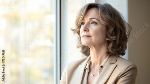 A professional woman with a focused look, standing near a window with soft natural lighting streaming in, reflecting determination Free Download A professional woman with a focused look, standing near a window with soft natural lighting streaming in, reflecting determination - GFXLoad