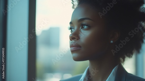 A professional woman with a focused look, standing near a window with soft natural lighting streaming in, reflecting determination Free Download A professional woman with a focused look, standing near a window with soft natural lighting streaming in, reflecting determination - GFXLoad