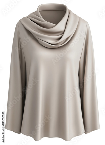 Soft beige long-sleeve top with draped cowl neckline isolated on transparent background.