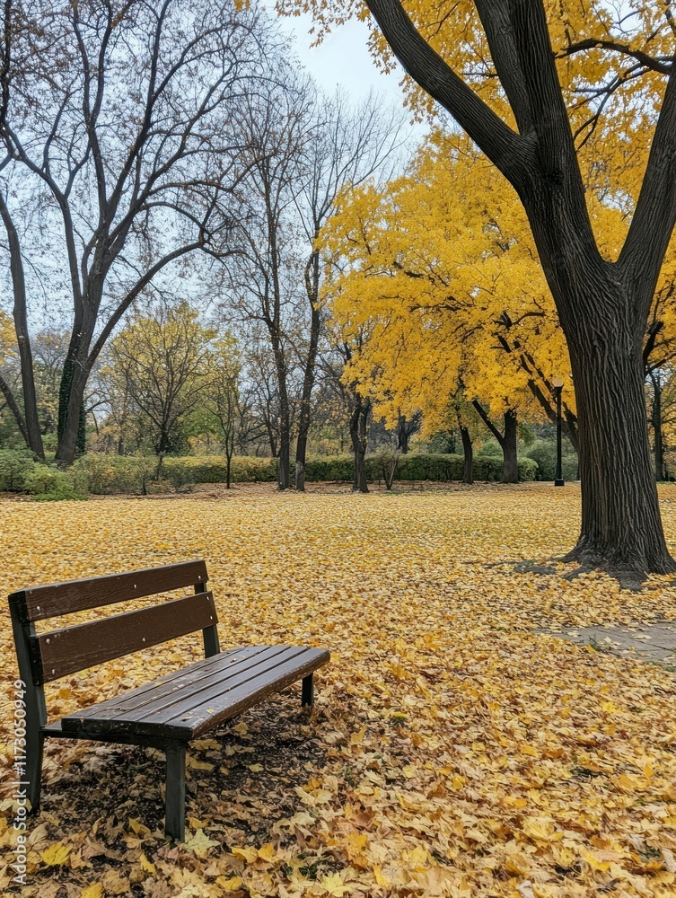 A Quiet Moment, A Park Bench Sits Amidst a Sea of Golden Fallen Leaves Beneath a Canopy of Autumnal Trees, inviting contemplation and rest in a beautiful setting A Quiet Moment, A Park Bench Sits Amidst a Sea of Golden Fallen Leaves Beneath a Canopy of Autumnal Trees, inviting contemplation and rest in a beautiful setting