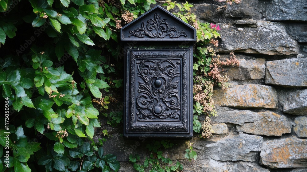 An antique black postbox with intricate carvings, mounted on a rustic stone wall in a quiet village, with greenery subtly framing the scene. An antique black postbox with intricate carvings, mounted on a rustic stone wall in a quiet village, with greenery subtly framing the scene.
