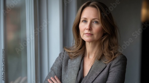 Free Download A professional woman with a focused look, standing near a window with soft natural lighting streaming in, reflecting determination - GFXLoad