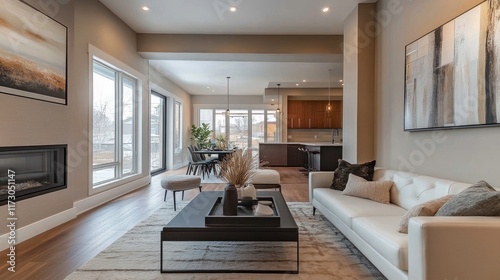 Contemporary living room with clean lines  stylish furniture  and decor in a mix of bold and neutral tones for a striking look.