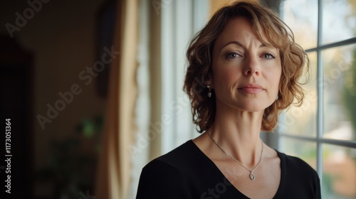 A professional woman with a focused look, standing near a window with soft natural lighting streaming in, reflecting determination Free Download A professional woman with a focused look, standing near a window with soft natural lighting streaming in, reflecting determination - GFXLoad