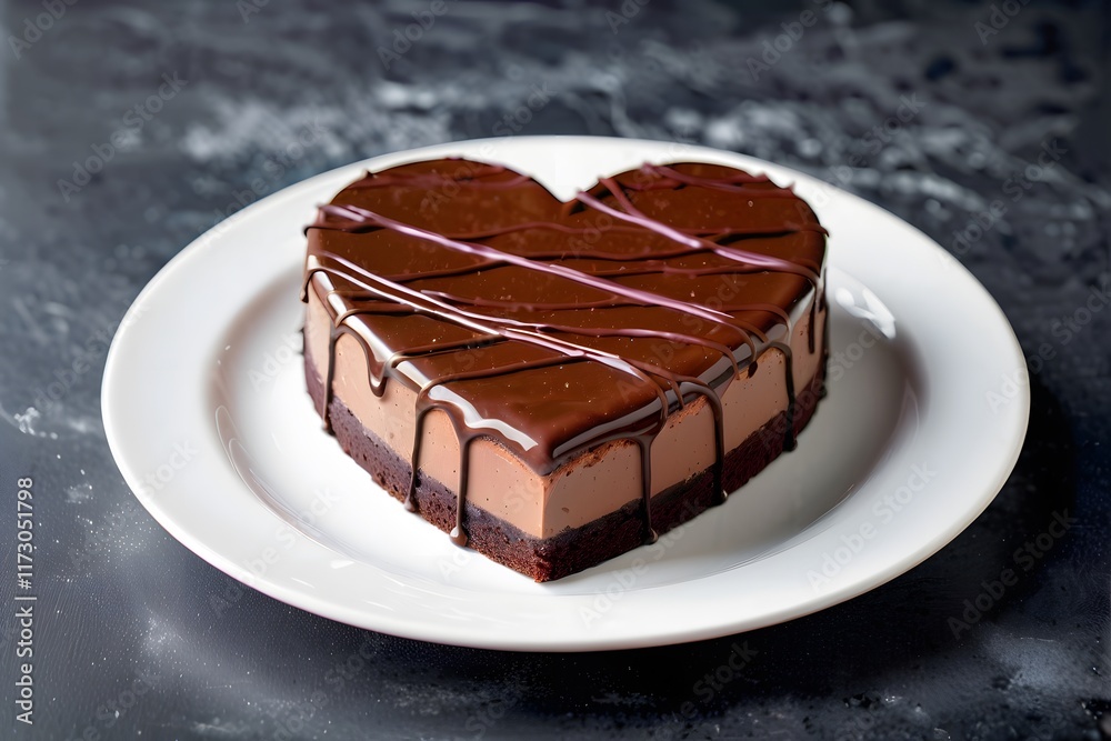 Fototapeta premium Heart-shaped chocolate dessert cake on a blurred background with copy space