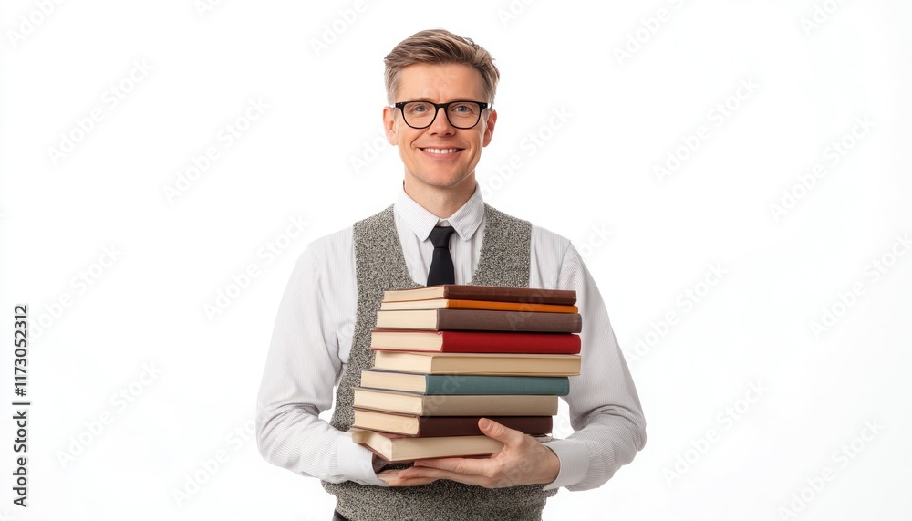 Enthusiastic Librarian or Teacher Proudly Displaying a Stack of Books, Ready to Share the Joy of Reading and Learning with Others, Isolated on White Background Enthusiastic Librarian or Teacher Proudly Displaying a Stack of Books, Ready to Share the Joy of Reading and Learning with Others, Isolated on White Background