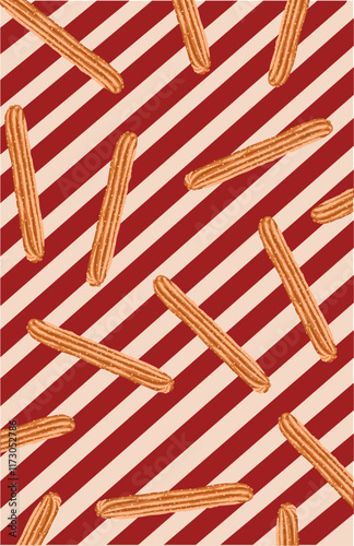 Stick Spanish churro. Latin American traditional pastries. repeating churros.red diagonal line wallpaper background