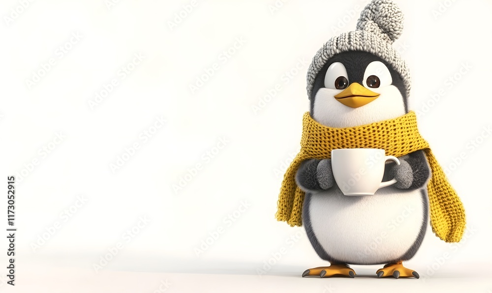 Obraz premium Cute cartoon penguin wearing a hat and scarf, holding a warm drink.