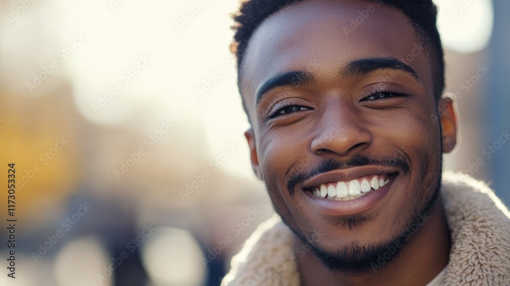 A close-up of a young man with a charming dimple on his cheek as he smiles, exuding confidence and happiness, captured in a relaxed outdoor setting.