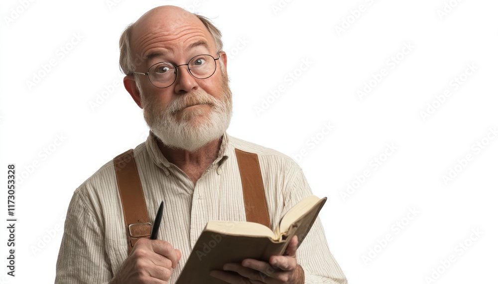 Elderly gentleman with spectacles, suspenders, and a curious expression, carefully reading from an old book while holding a pen, perhaps contemplating a new idea, Elderly gentleman with spectacles, suspenders, and a curious expression, carefully reading from an old book while holding a pen, perhaps contemplating a new idea,