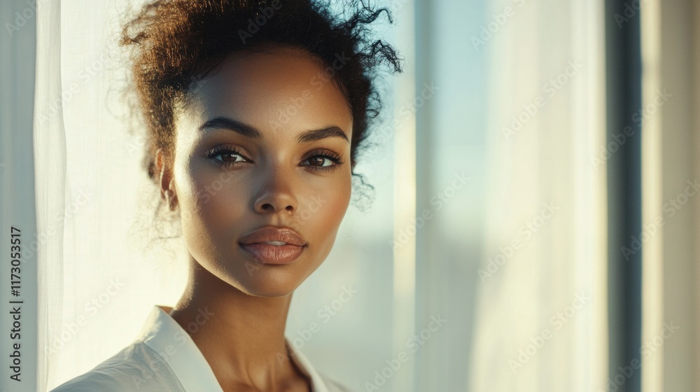 A professional woman with a focused look, standing near a window with soft natural lighting streaming in, reflecting determination A professional woman with a focused look, standing near a window with soft natural lighting streaming in, reflecting determination