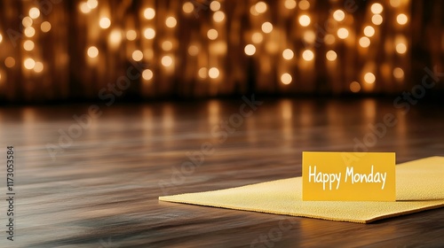 Happy Monday! Start your week with a yoga session.  A yellow mat rests on a wooden floor with a warm, inviting glow. photo