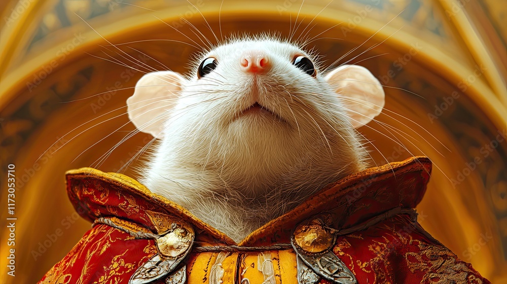 Fototapeta premium White rat wearing aristocratic clothes looking up in a palace