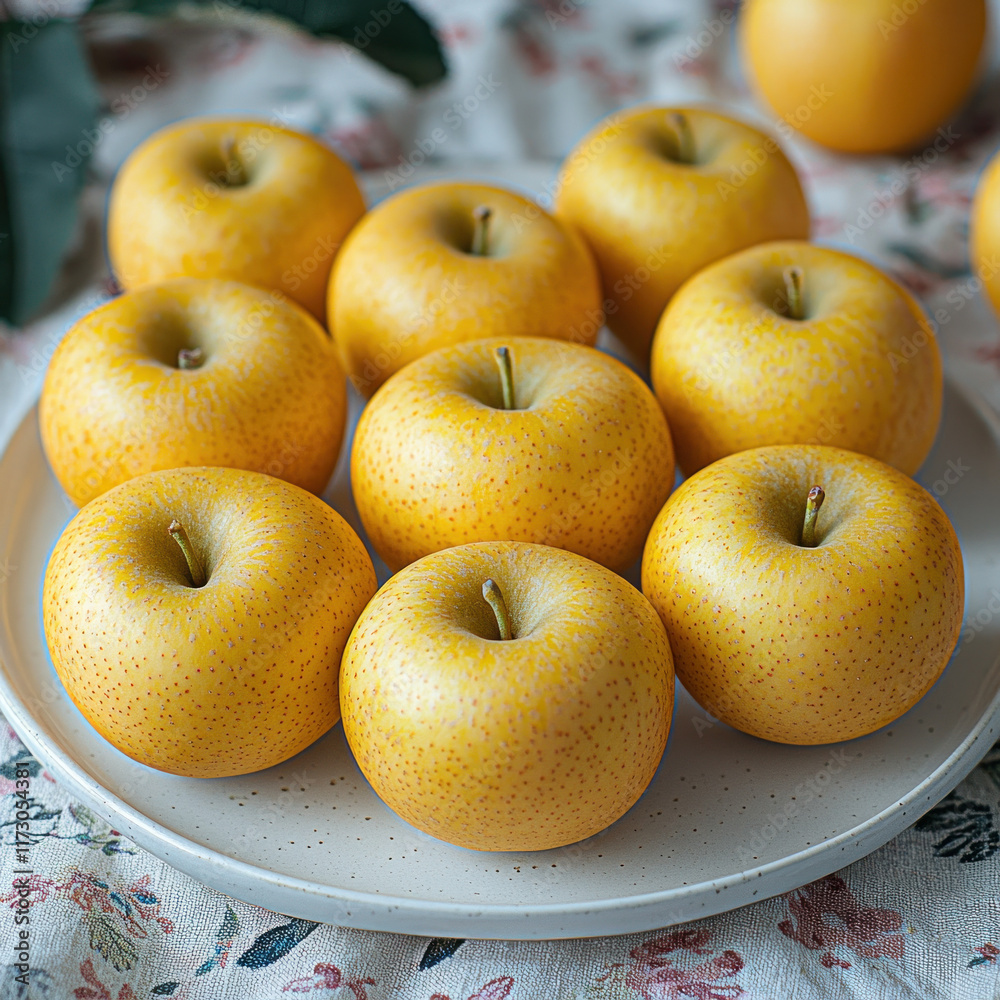 Golden apples on a plate, floral background, healthy snack or ingredient Golden apples on a plate, floral background, healthy snack or ingredient