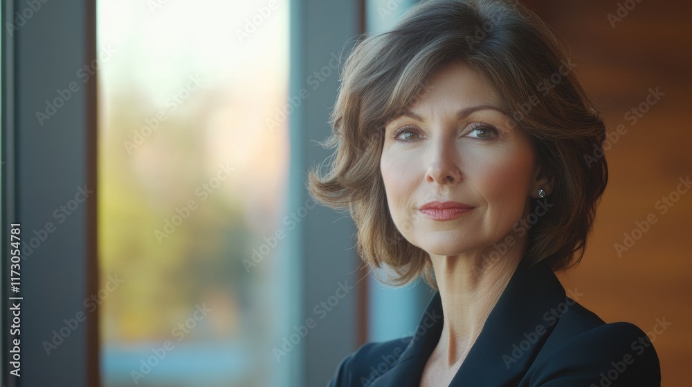 A professional woman with a focused look, standing near a window with soft natural lighting streaming in, reflecting determination A professional woman with a focused look, standing near a window with soft natural lighting streaming in, reflecting determination