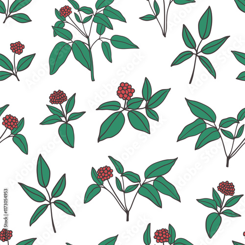 Ginseng branches with leaves and berries seamless pattern