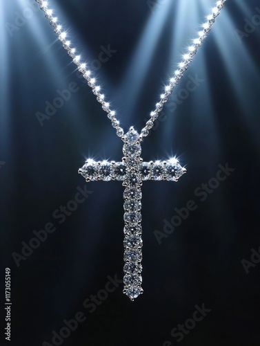 Sparkling Diamond Cross Necklace Under Dramatic Light Against a Deep Blue Backdrop, Showcasing Opulence and Faith with Radiant Gemstones photo