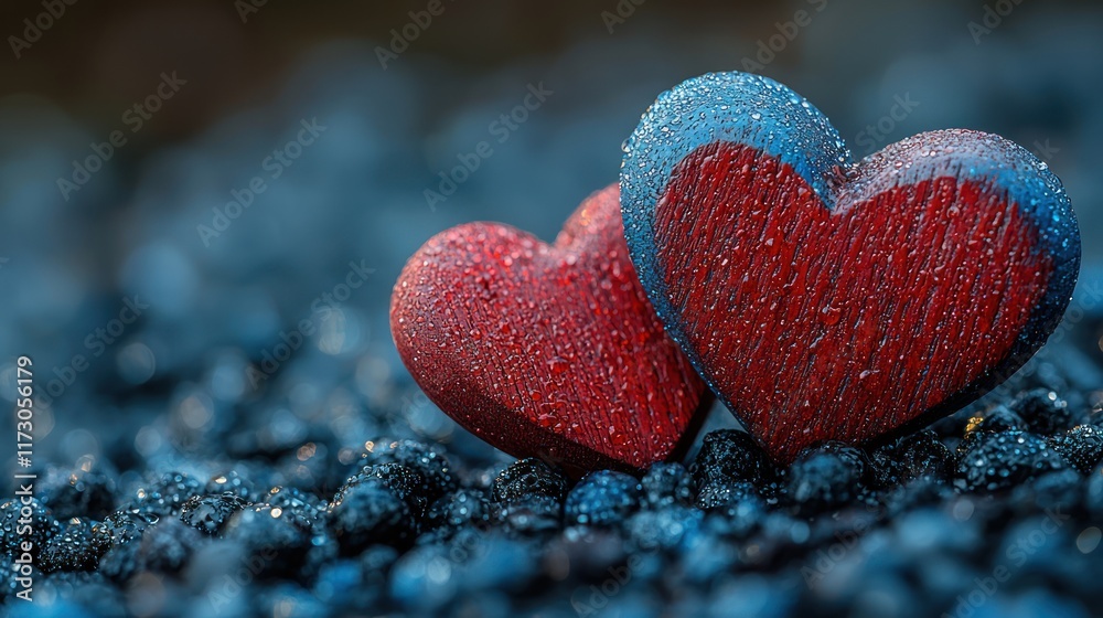 Fototapeta premium Two heart decorations with droplets on a surface.