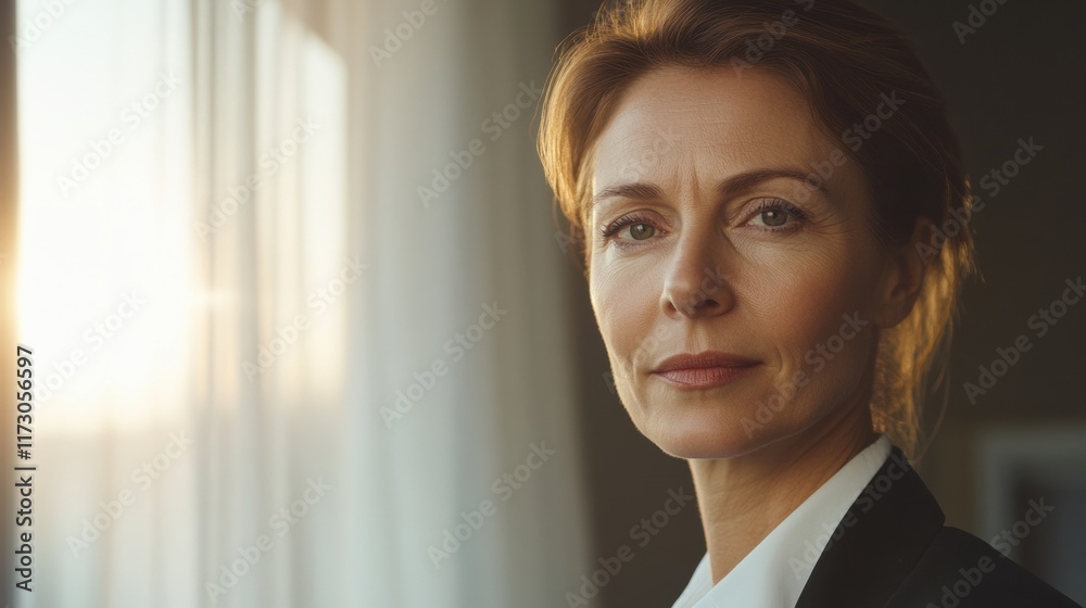 A professional woman with a focused look, standing near a window with soft natural lighting streaming in, reflecting determination A professional woman with a focused look, standing near a window with soft natural lighting streaming in, reflecting determination