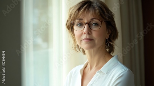 A professional woman with a focused look, standing near a window with soft natural lighting streaming in, reflecting determination Free Download A professional woman with a focused look, standing near a window with soft natural lighting streaming in, reflecting determination - GFXLoad
